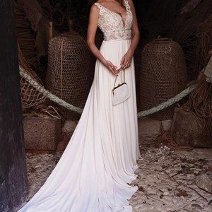 Lillian West Lace Top Boho A-Line Full Skirt 66059 Wedding gown